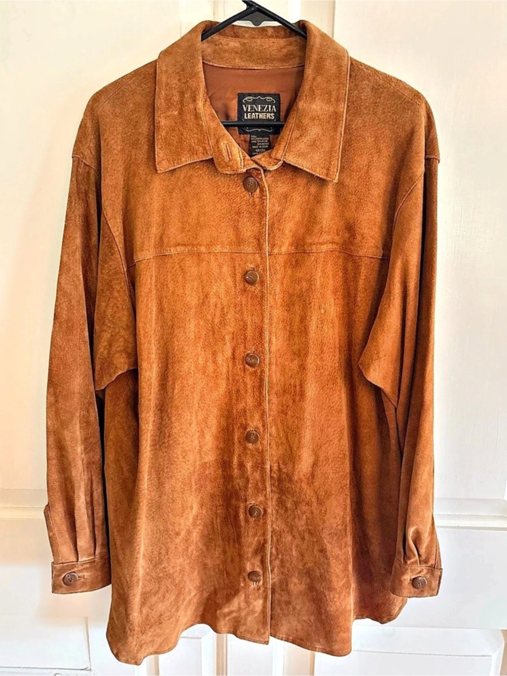 Venezia Leathers Suede Shirt Jacket / Shacket Womens Cognac Brown Button Front